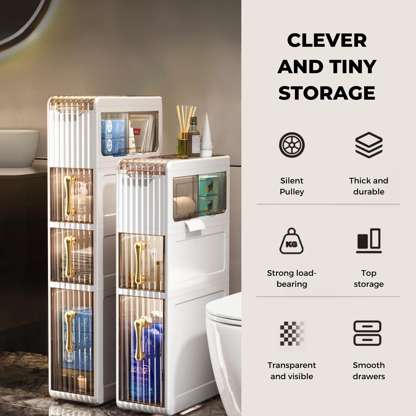 MAGIC SELECT Narrow Bathroom Organizer. Auxiliary Storage Cabinet with Wheels for Narrow Places. Side Cabinet with 3 Compact Drawers for Toilet Paper