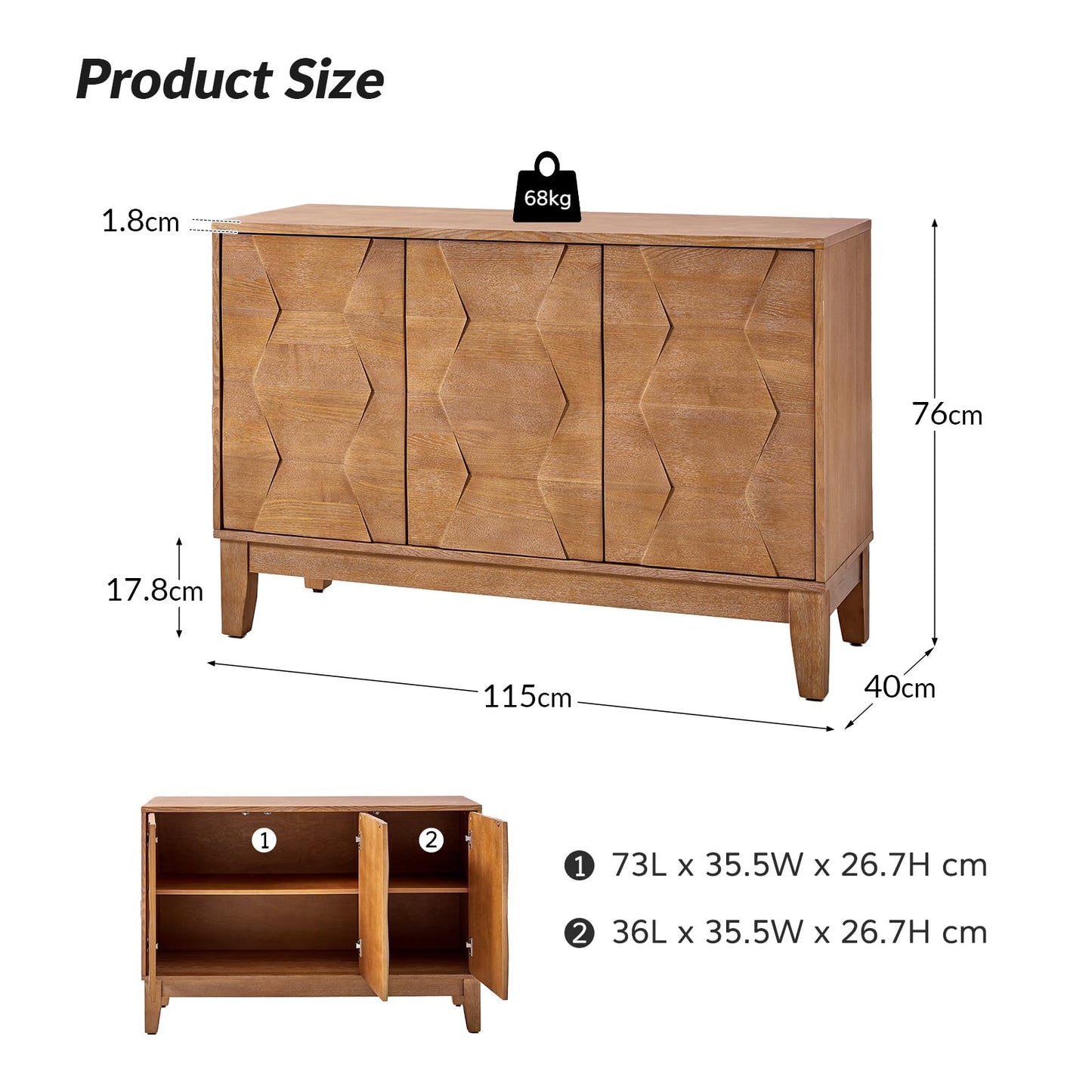 HULALA HOME 115 cm Wooden Sideboard with Adjustable Shelves, Seadrift