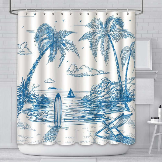 AIBIIN 180x180cm Surf Shower Curtain Retro Surfboard Tropical Palm Tree Theme Lounge Summer Beach Scene Chair Polyester Fabric Home Decor with 12