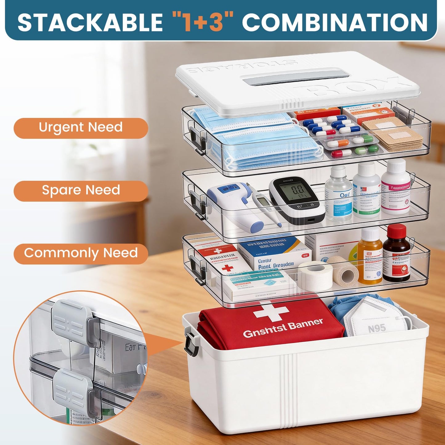 TranRantic 4-Layer Medicine Storage Box, 33.5×22×29cm Large Medicine Box with Leather Handle, Multifunctional Medication Storage Box