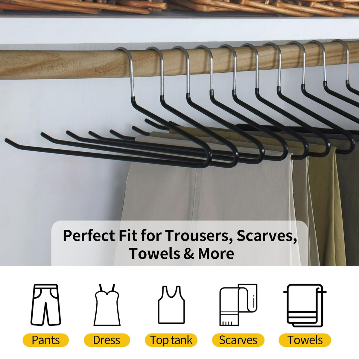 Hangerman 20 Pack Trouser Hangers - Open-Ended Metal Pants Hangers for Trousers, Jeans, Scarves, Towels, Space Saving Non-Slip Coating Design Black