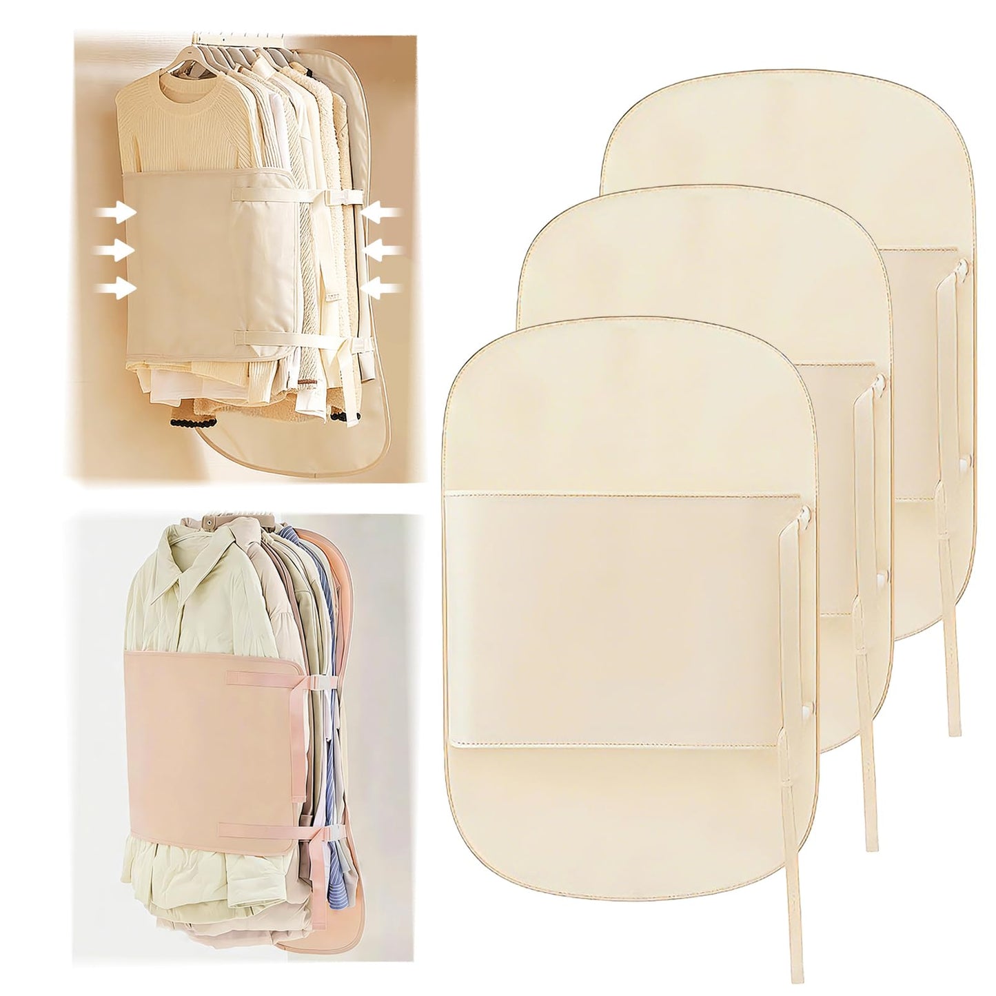 Space Saving Garment Covers with Straps Compression Beige 3 Packs Wardrobe Space Saver