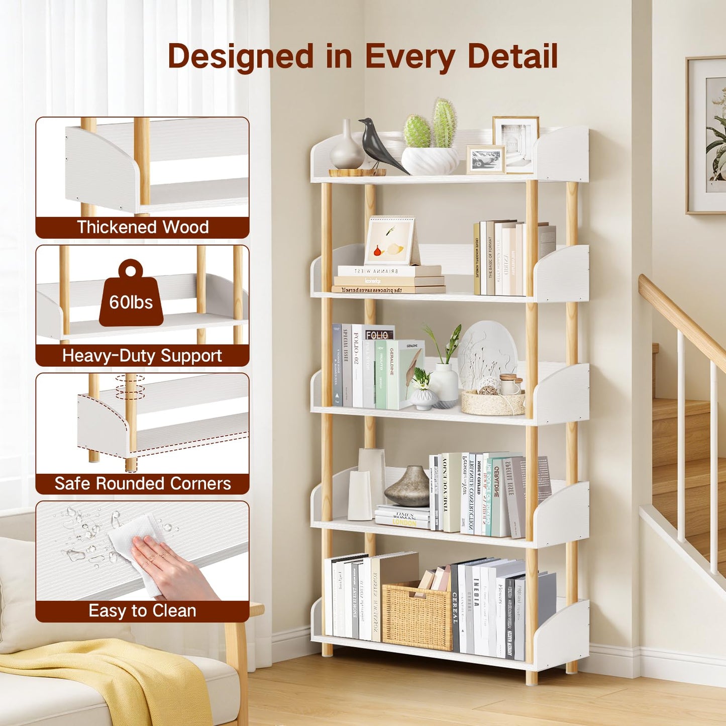 OUTONLIFE 5-Tier Wooden Open Bookcase, Modern Display Bookshelf with Solid Wood Frame and Rounded Corner Design, Storage Organizer for Living Room
