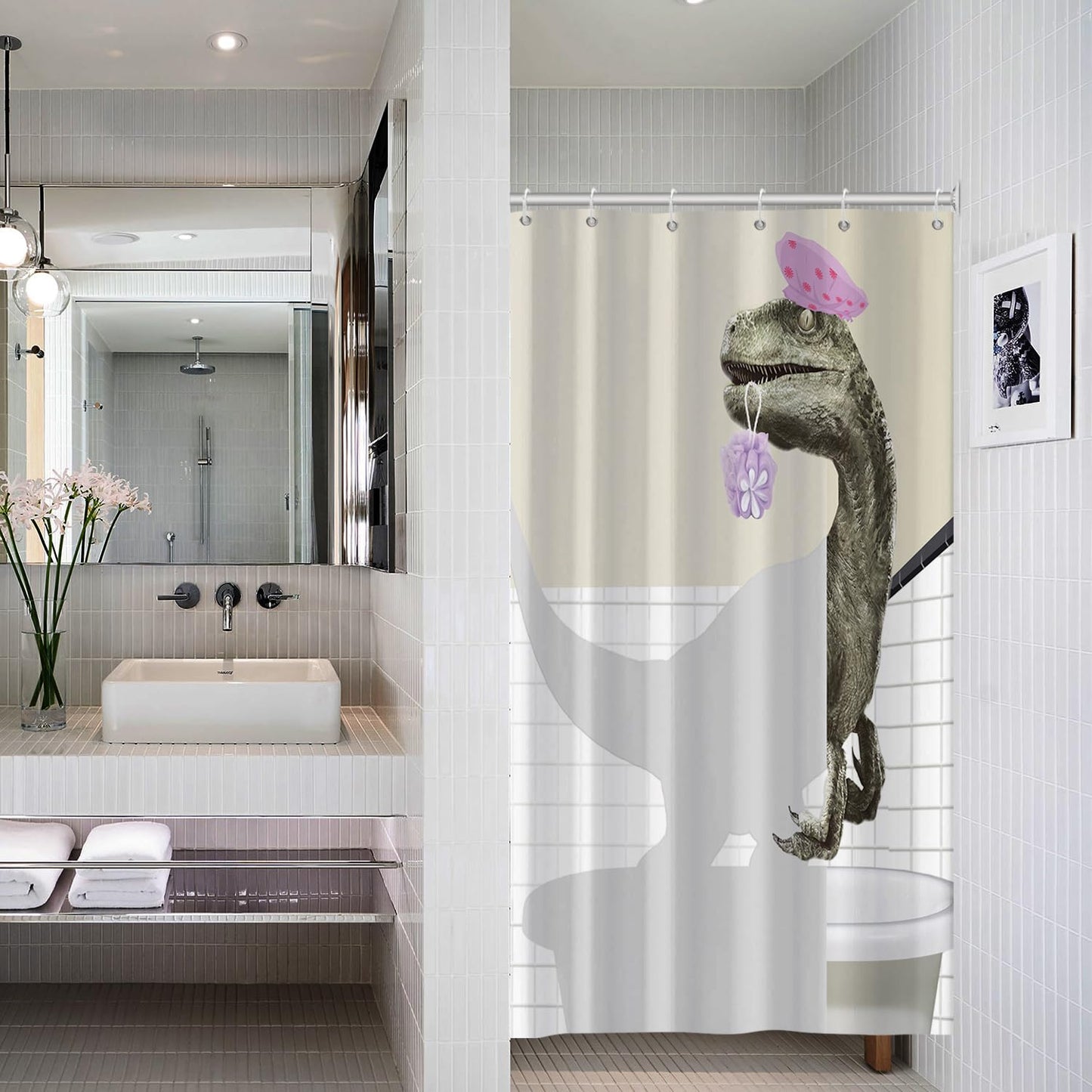 Hnmdmyi Funny Dinosaur Shower Curtain 90x180, Cute Bathing Dino Raptor Kids Bathroom Curtains Cartoon Animal Children Creative Modern Waterproof