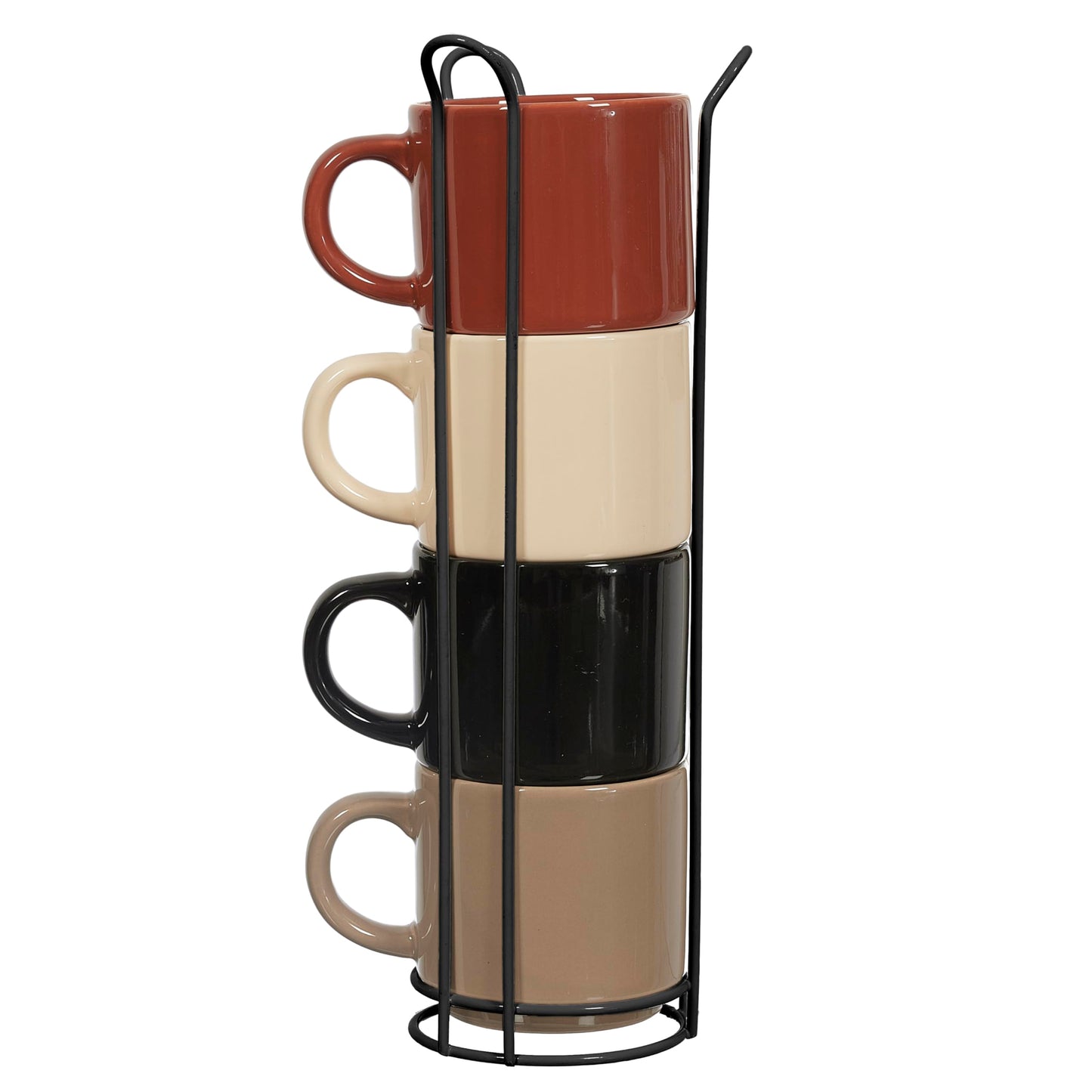 HOME DECO FACTORY, KA0500 Set of 4 Simple Cups with Stand, Durable Ceramic, Elegant and Practical Design, Ideal for Coffee and Tea, Neutral Colours