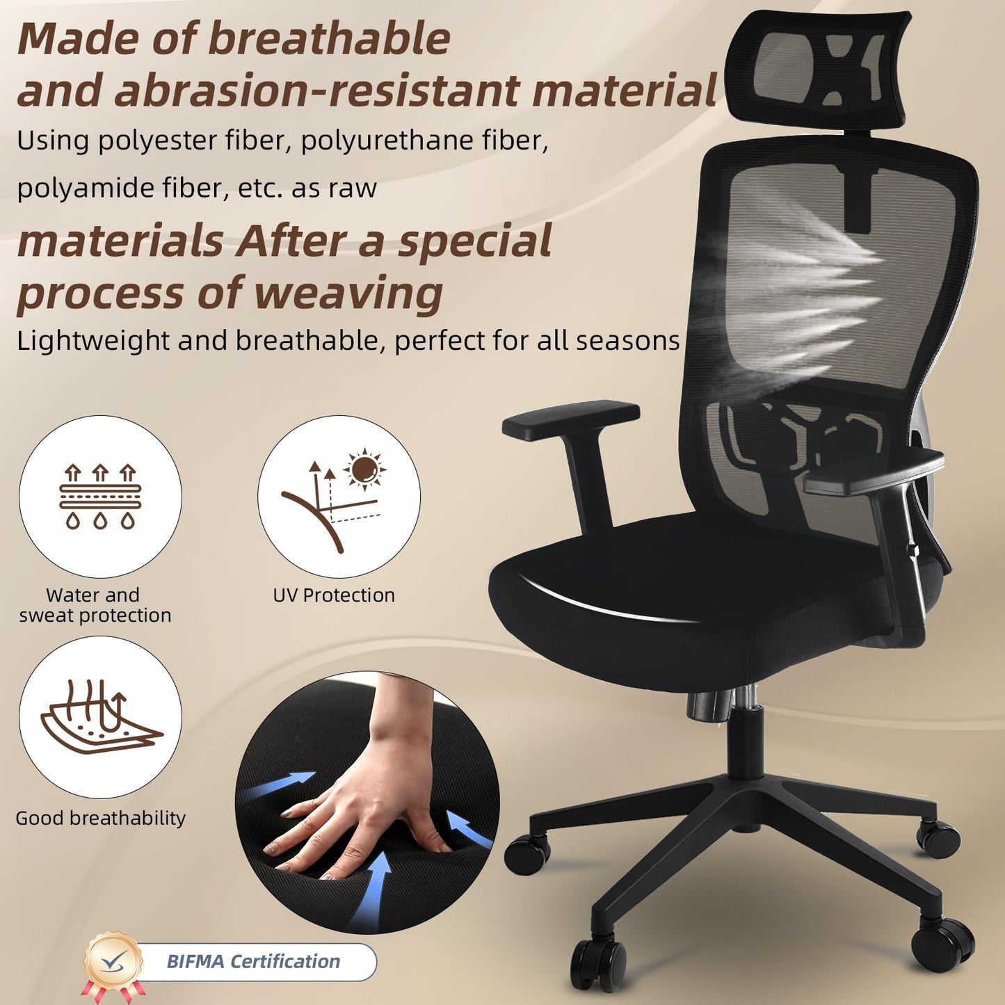 Durrafy Office Chair, Desk Chair with Adjustable Headrest, Lumbar support and Liftable Armrest, High Back Ergonomic Office Chair