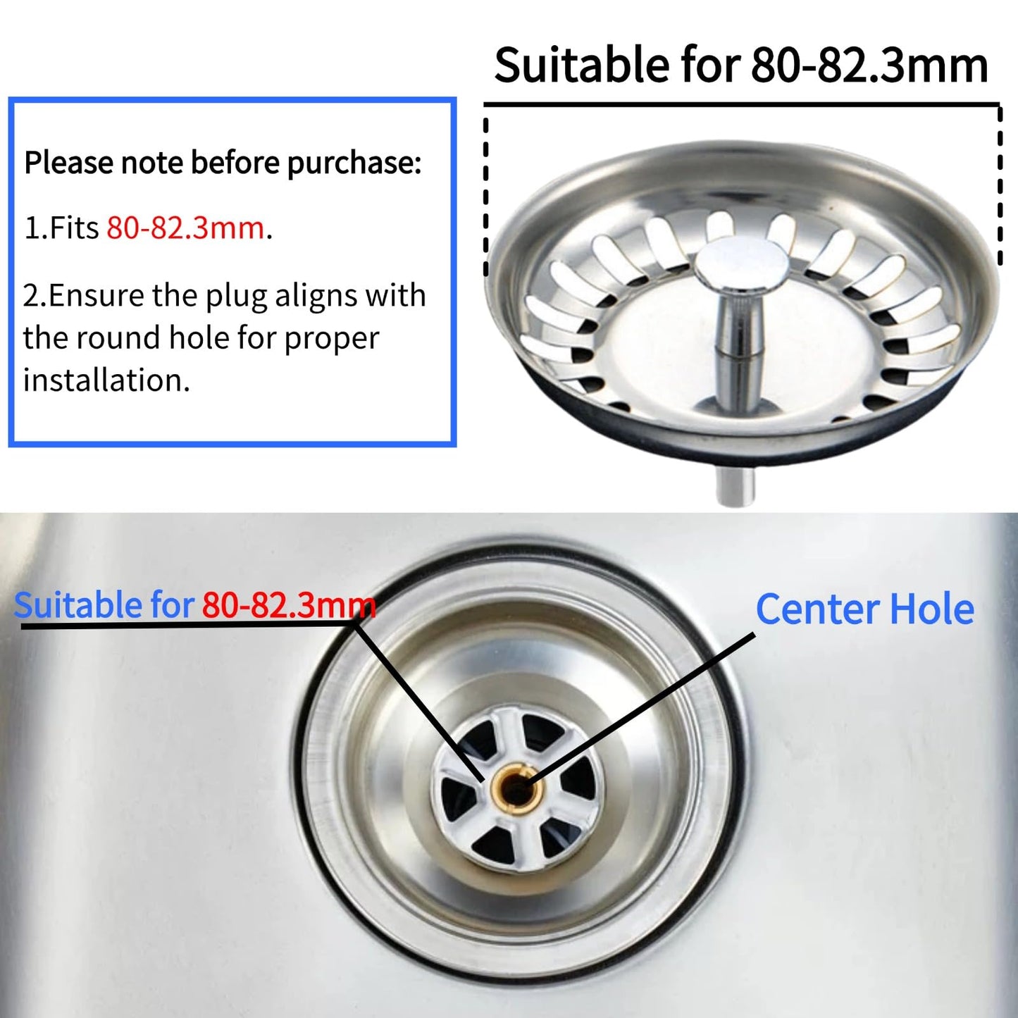 InYoHui 2 Pack Kitchen Sink Plug Strainer Stainless Steel 80mm UK Sinks
