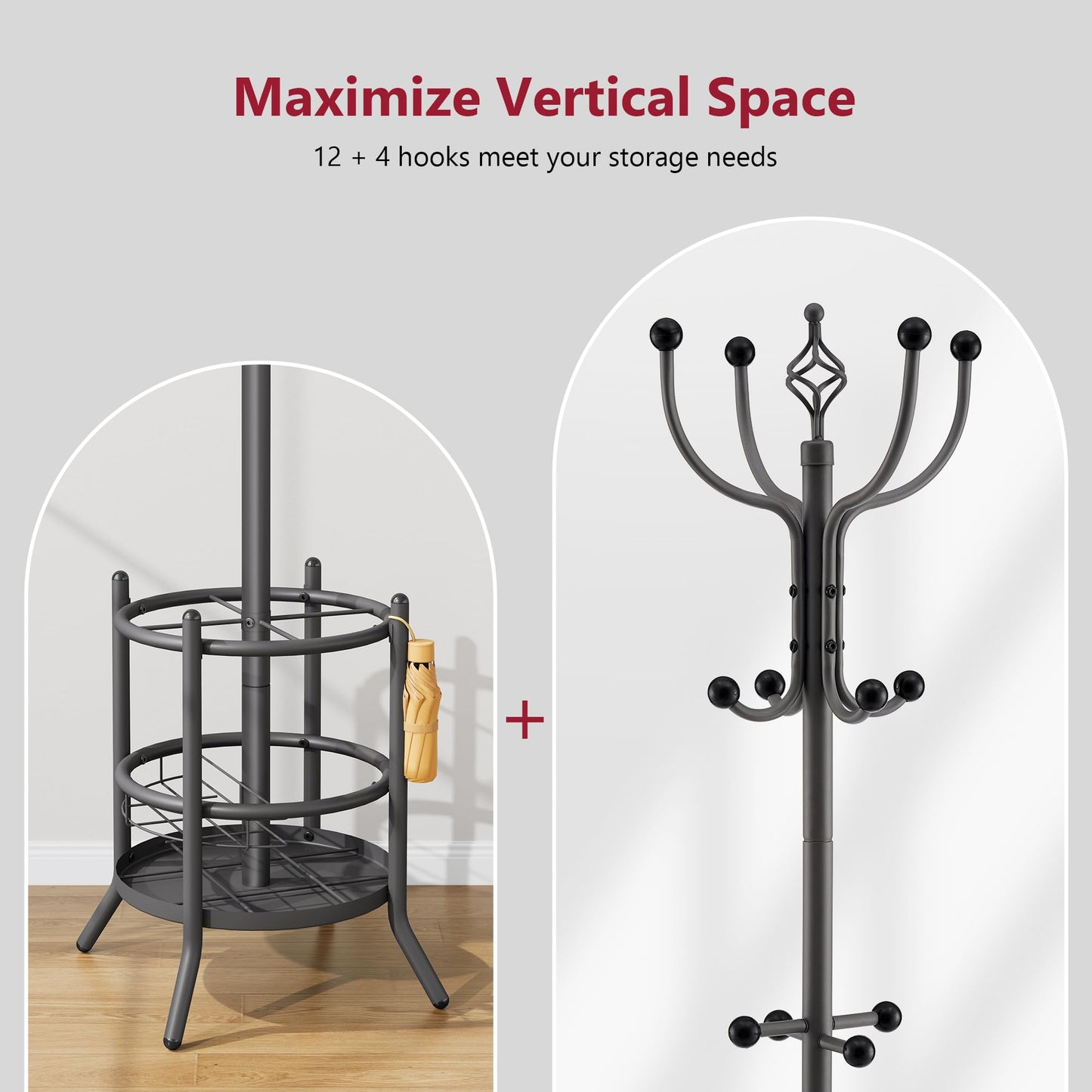 Tajsoon Coat Tree with Umbrella Stand, Coat Rack With 16 Hooks, Grey