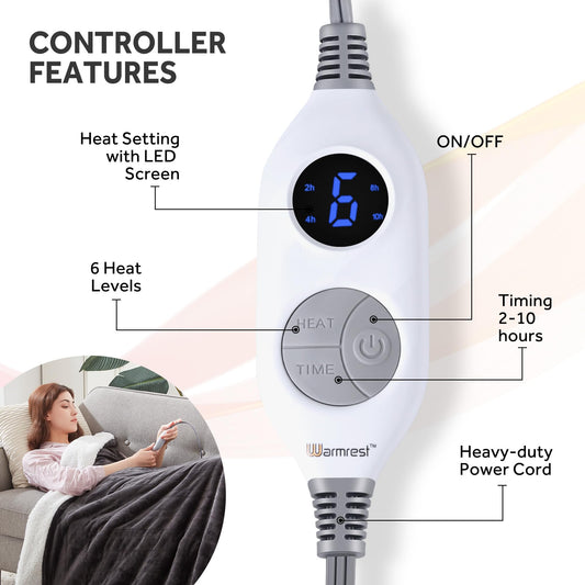 Warmrest Electric Heated Blanket Double Size Large Soft Flannel Sherpa, 6 Heat Levels Fast Heating, 1 to 10 Hours Auto-Off Detachable Controller