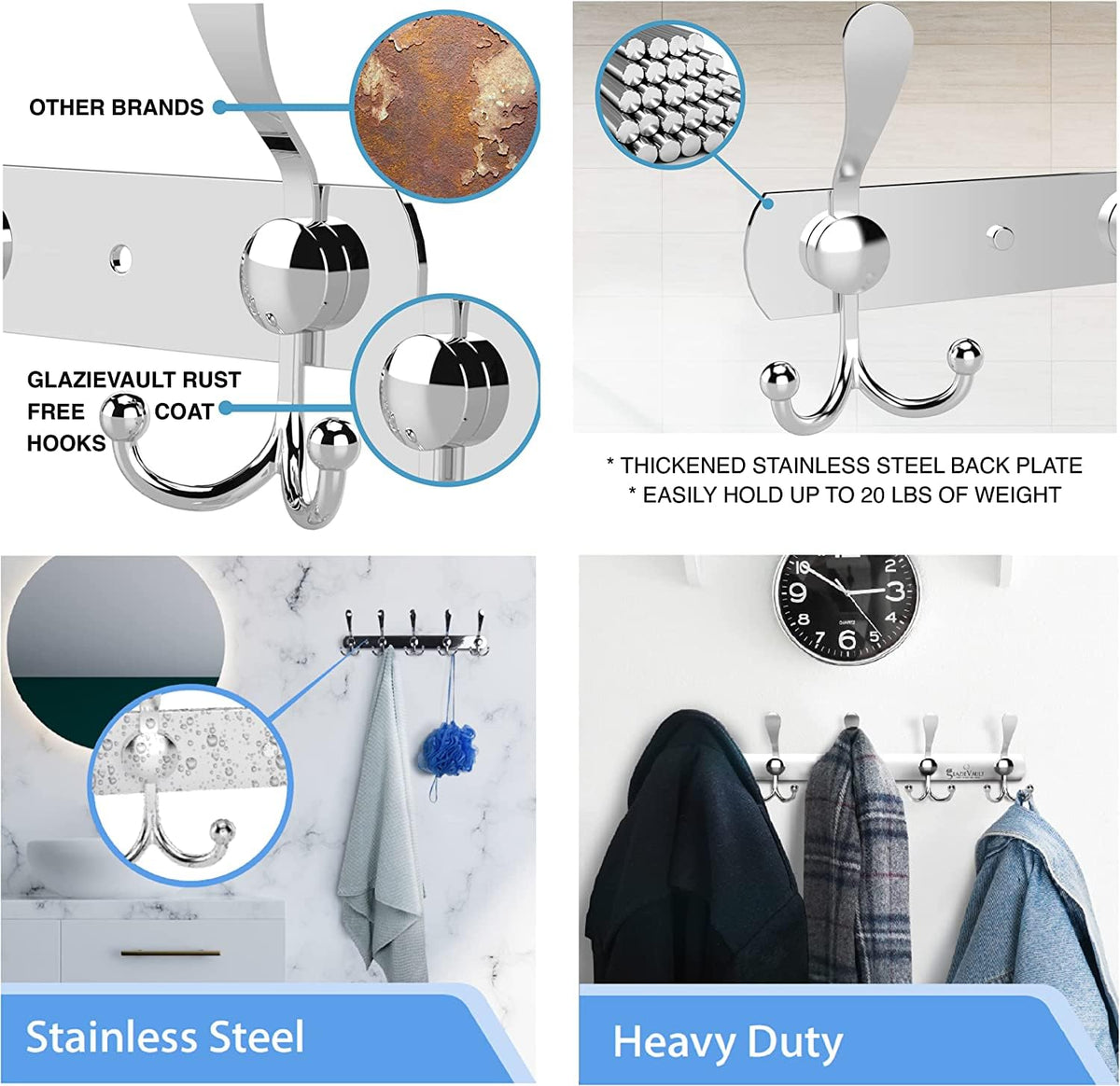 GlazieVault Coat Hooks for Wall - Stainless Steel Coat Racks 2 Pack - Heavy Duty Coat Hook Wall Mounted