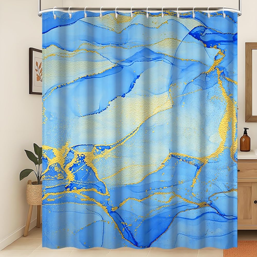 Xiaoterna 105x160cm Marble Shower Curtain Watercolor Navy Blue Gold Lines Waterproof Polyester Bathroom Curtain Luxury Modern Aesthetic Artistic