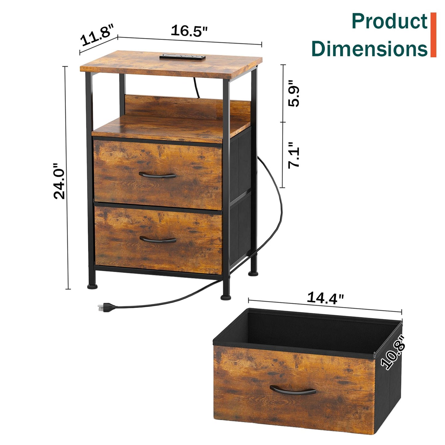 Flrrtenv Bedside Table with Charging Station, Smart Beside Cabinet, Nightstand with 2 Fabric Drawers & LED Light