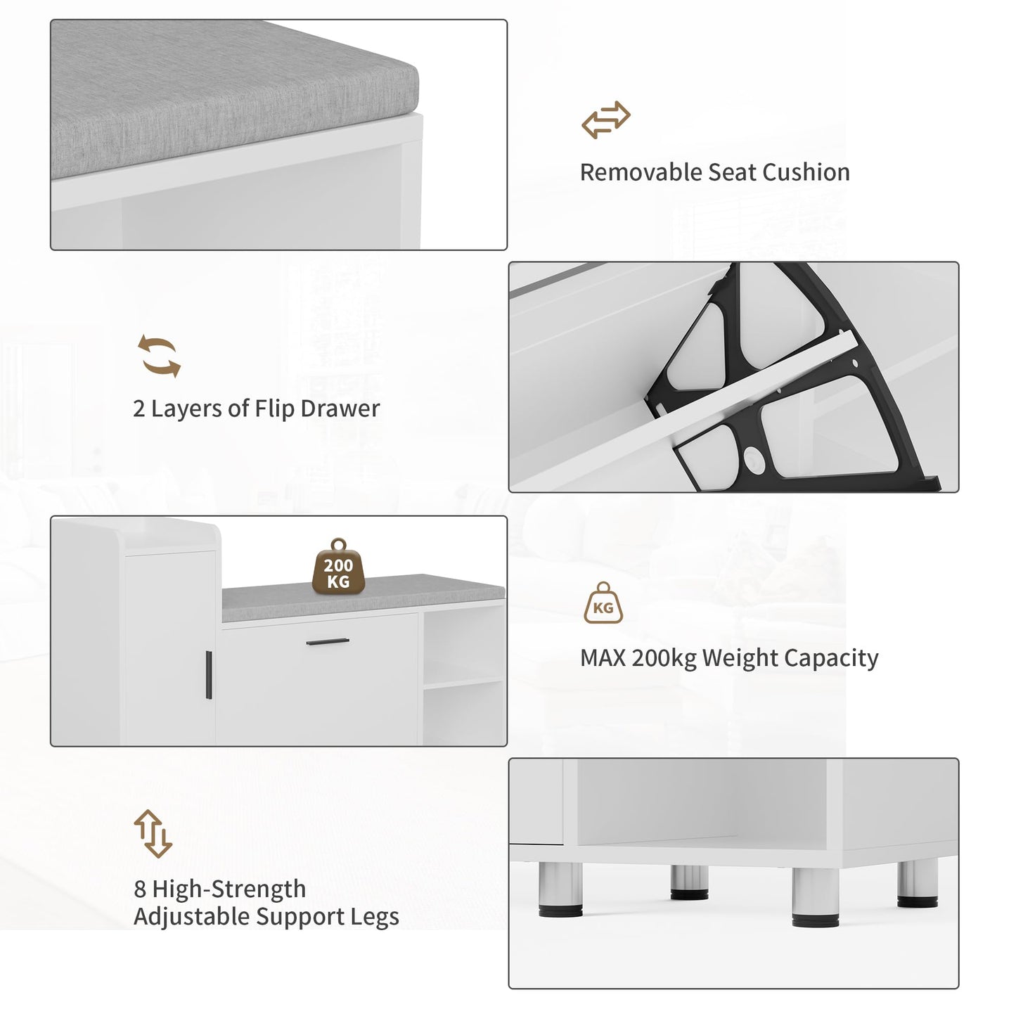 BonVache Shoe Storage Bench with Cushion, White Shoe Bench 105cm Lounge with 2 Shelves and 4 Compartments, Hallway Storage Unit with Seat, Living Room