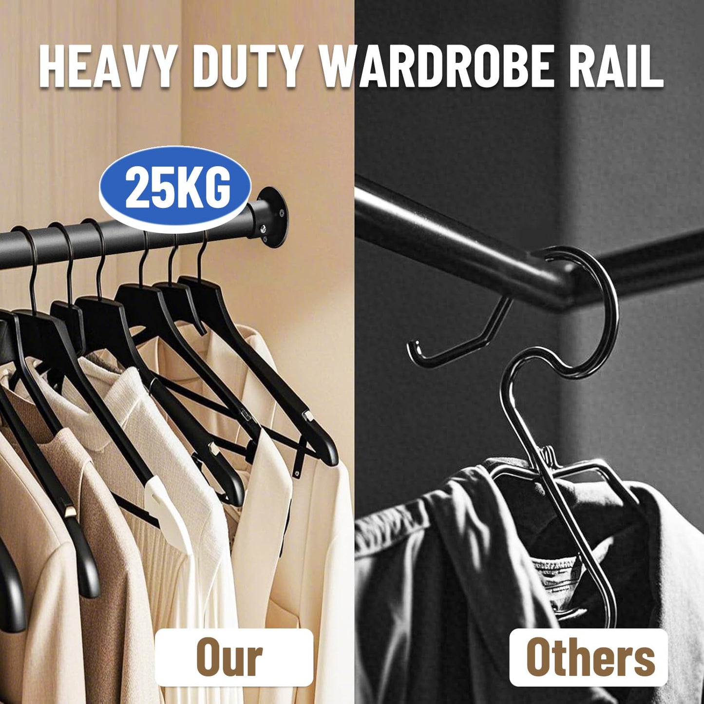 KINGSOW Extendable Wradrobe Rail 64.5-222cm: Black Clothes Hanging Rail