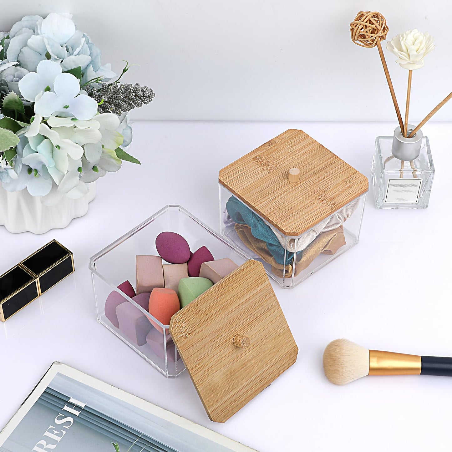 SUMTree 2 PCS Square Qtip Cotton Ball Holder Qtip Dispenser with Bamboo Lid