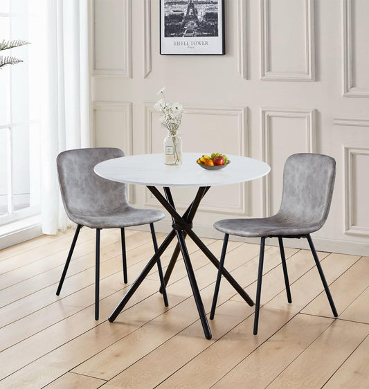 Hallowood Furniture Cullompton Dining Table and Chairs Set 2, Small Marble Effect Top White Round Table and Chairs with Taupe Faux Leather Upholstery,