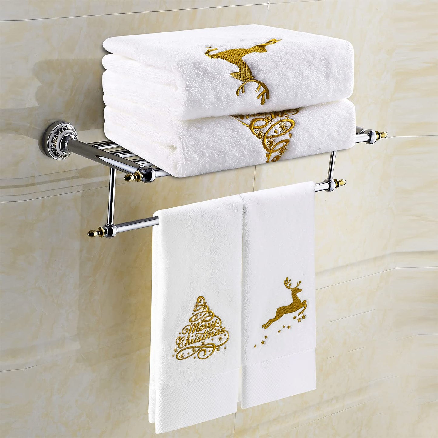 Quera 2 Pack Christmas Hand Towels Christmastree Reindeer 100% Cotton Embroidered Premium Luxury Decor Bathroom Set for Drying, Cleaning, Cooking