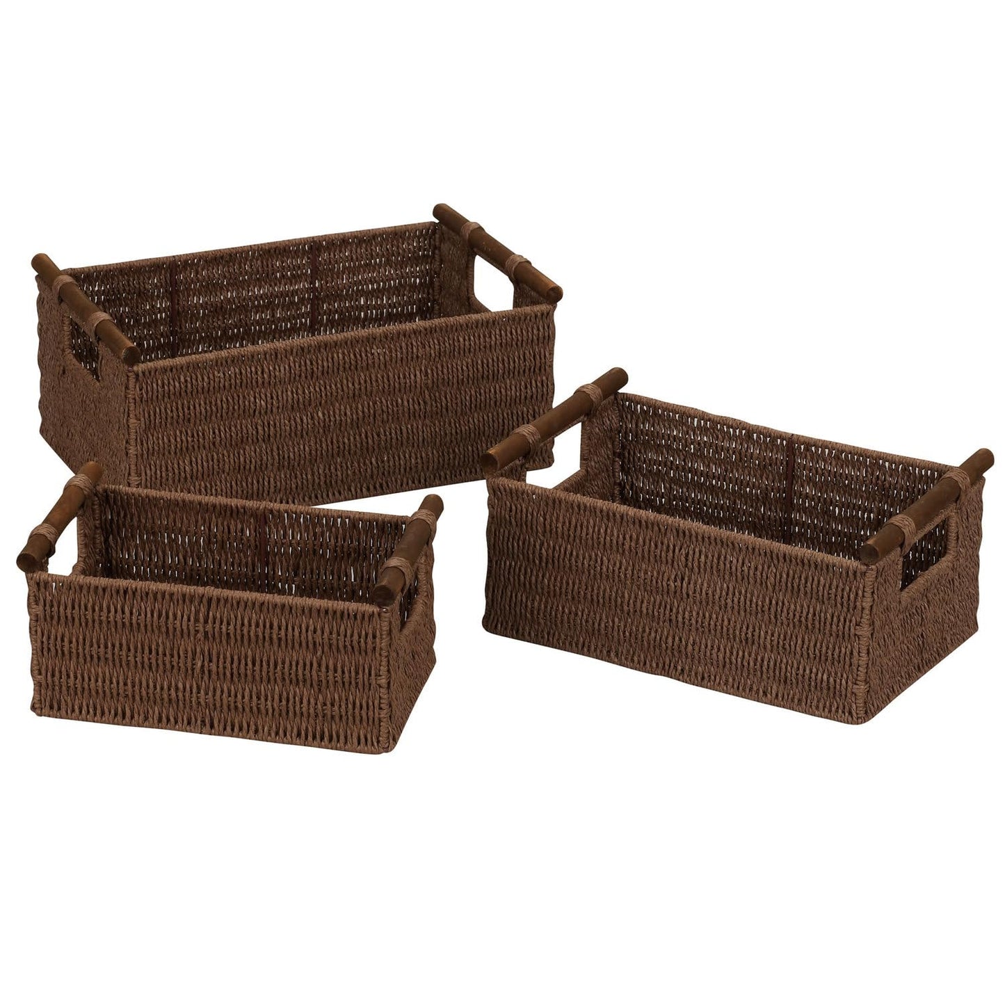 Household Essentials ML-7050 Paper Rope Wicker Storage Baskets with Wood Handles | Set of 3 | Dark Brown Stain