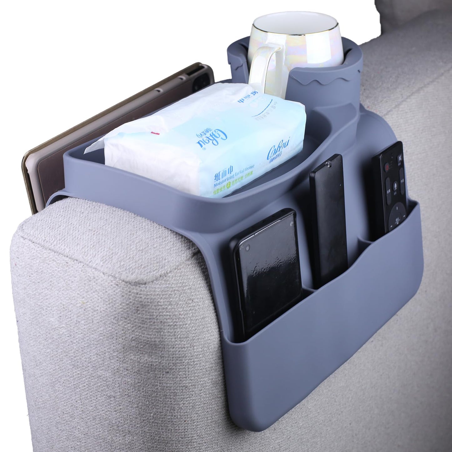DLBTWDOYLS Silicone Sofa Cup Holder Tray, Non-slip Sofa Armrest Cup Holder with Side Pockets, Multi-functional Sofa Armrest Organiser