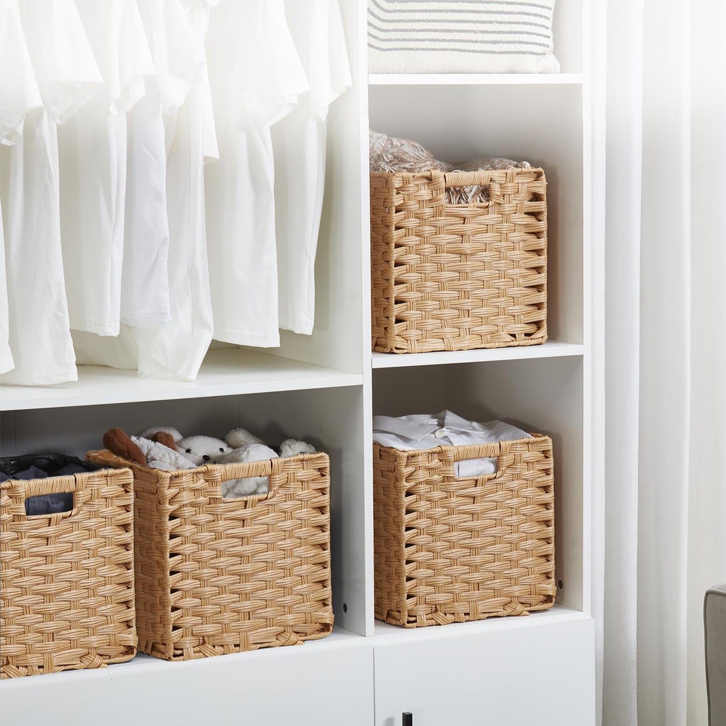 Sagittar Foldable Woven Basket Made of Imitation Rattan, 31x31x31cm Storage Basket for Pantry, Cupboard, Toy Cupboard, Shelf Basket Cube, Waterproof