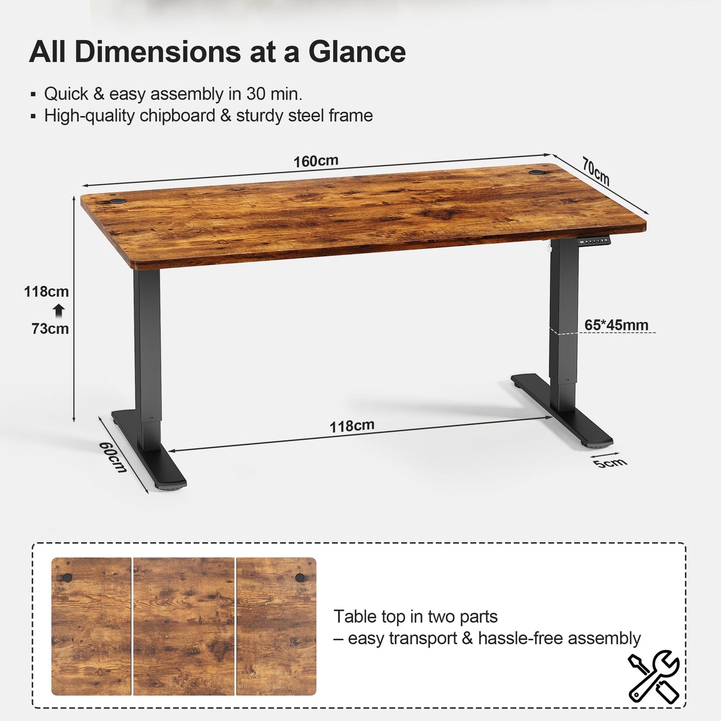 JUMMICO Electric Standing Desk 160x60cm – Height Adjustable with USB Charging, Sedentary Reminder, Memory Heights for Home Office Use, Rustic Brown
