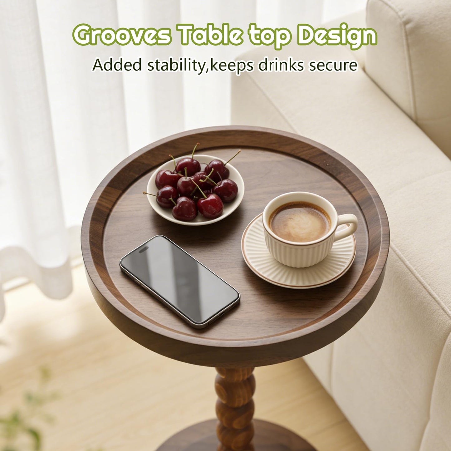 Simcat Round Side Table Bamboo Joint Design, Small Round Coffee Table for Small Spaces with Solid Wood Leg for Living Room, Bedroom, Corners