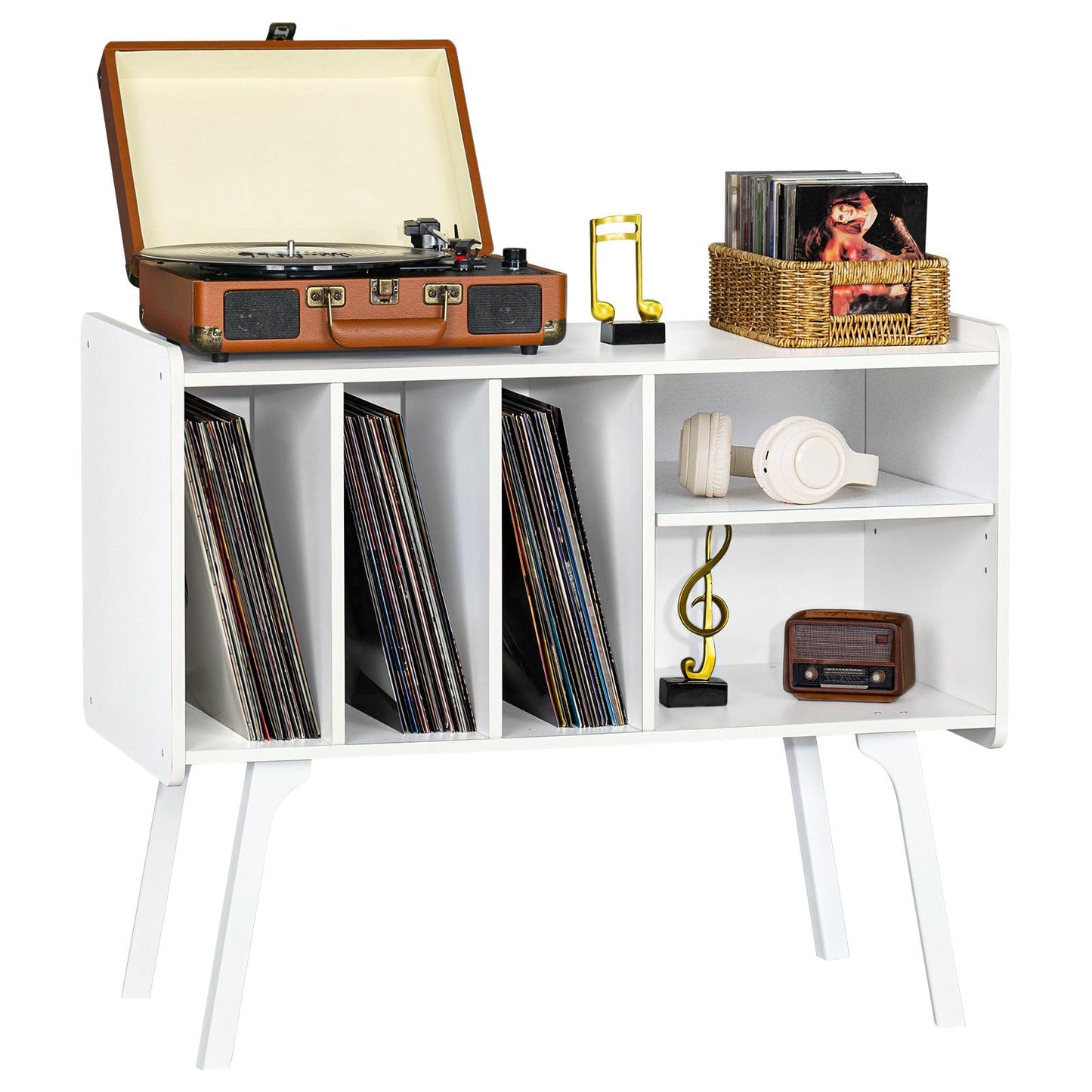 LELELINKY Record Player Stand, 4 Compartments, Holds Up to 220 Records