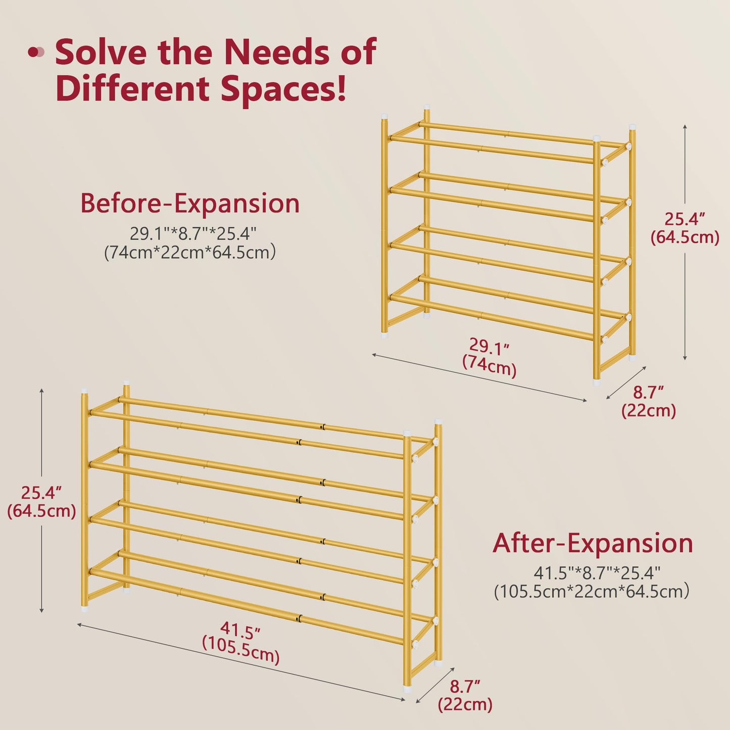 Tajsoon Expandable Shoe Rack for Closet 4 Tier, 28“-41“Stackable, Gold