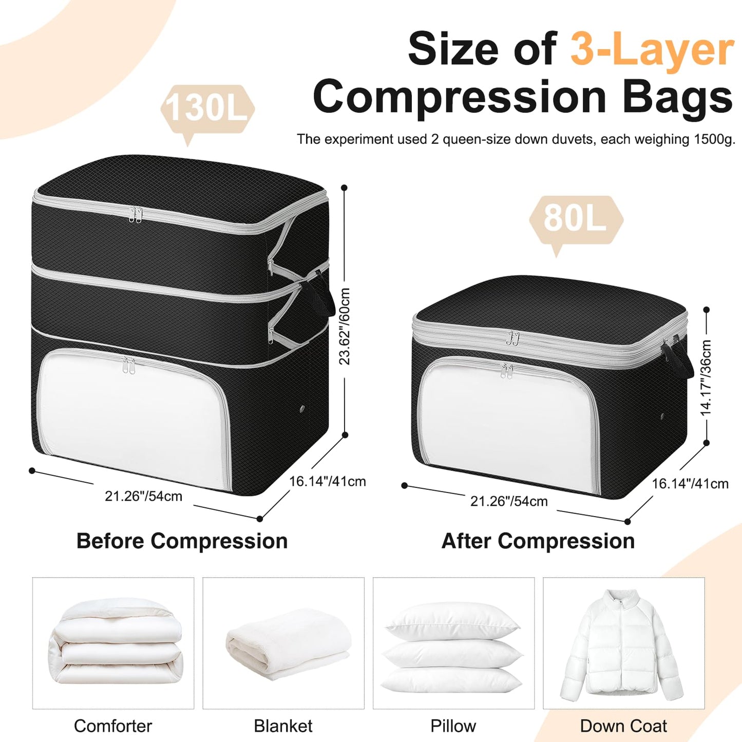 DIMJ Compression Duvet Storage Bags - 2 Pack 260L Self Large Compress Bags Large Bedding Box with Clear Front-Opening Window Dual Handles and Labels