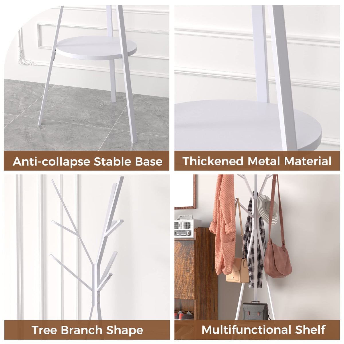 HOME BI Coat Rack Stand, Entryway Standing Coat Tree,Hat Stand Coat Hanger with 9 Hooks for Holding Jacket, Handbag, Clothes, Hats, and Scarves, White