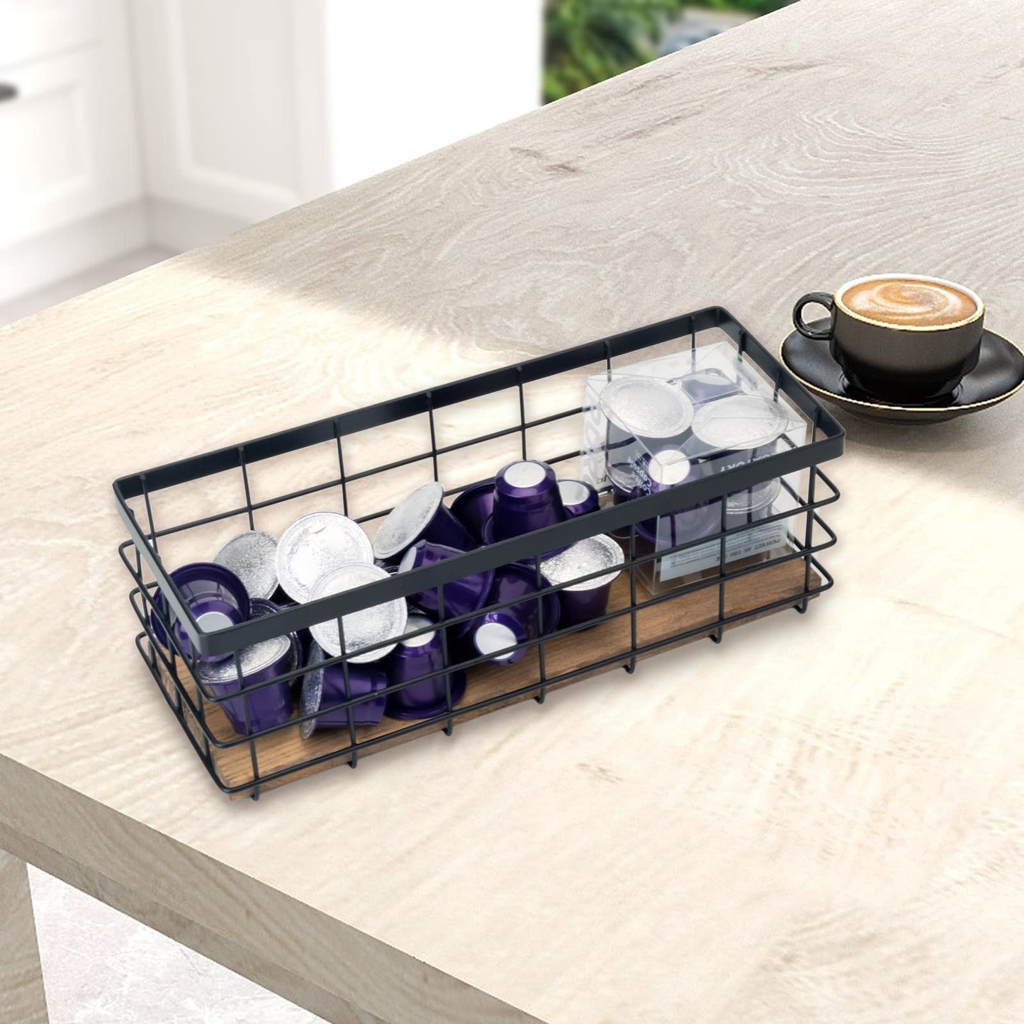 TIEYIPIN Farmhouse Decor Metal Wire Storage Baskets, Wood Base Containers Organizing Basket Caddy Bin for Kitchen Cabinets, Bathroom, Pantry, Garage