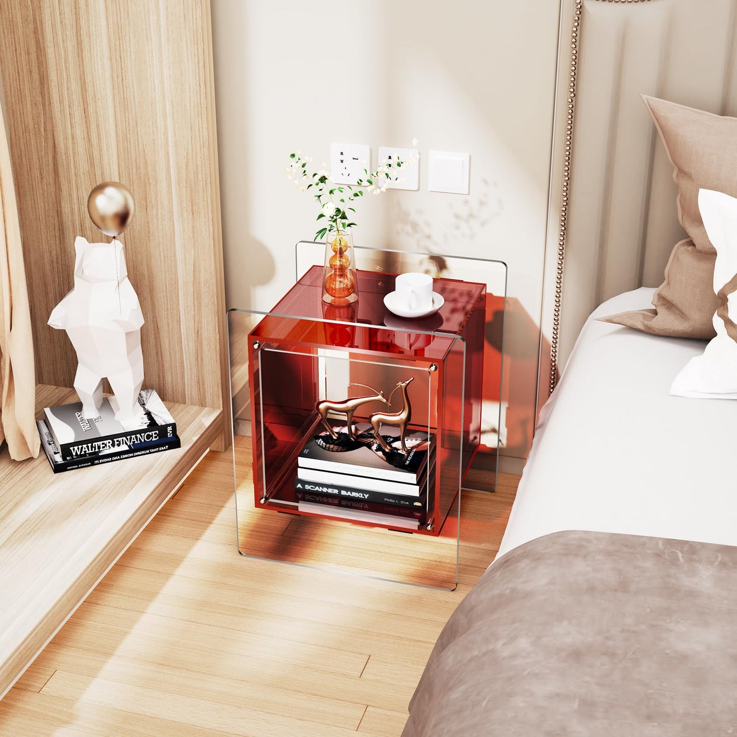 solaround Colored Cube Acrylic Bedside Side Table, 46 x 40 x 55 cm, Red
