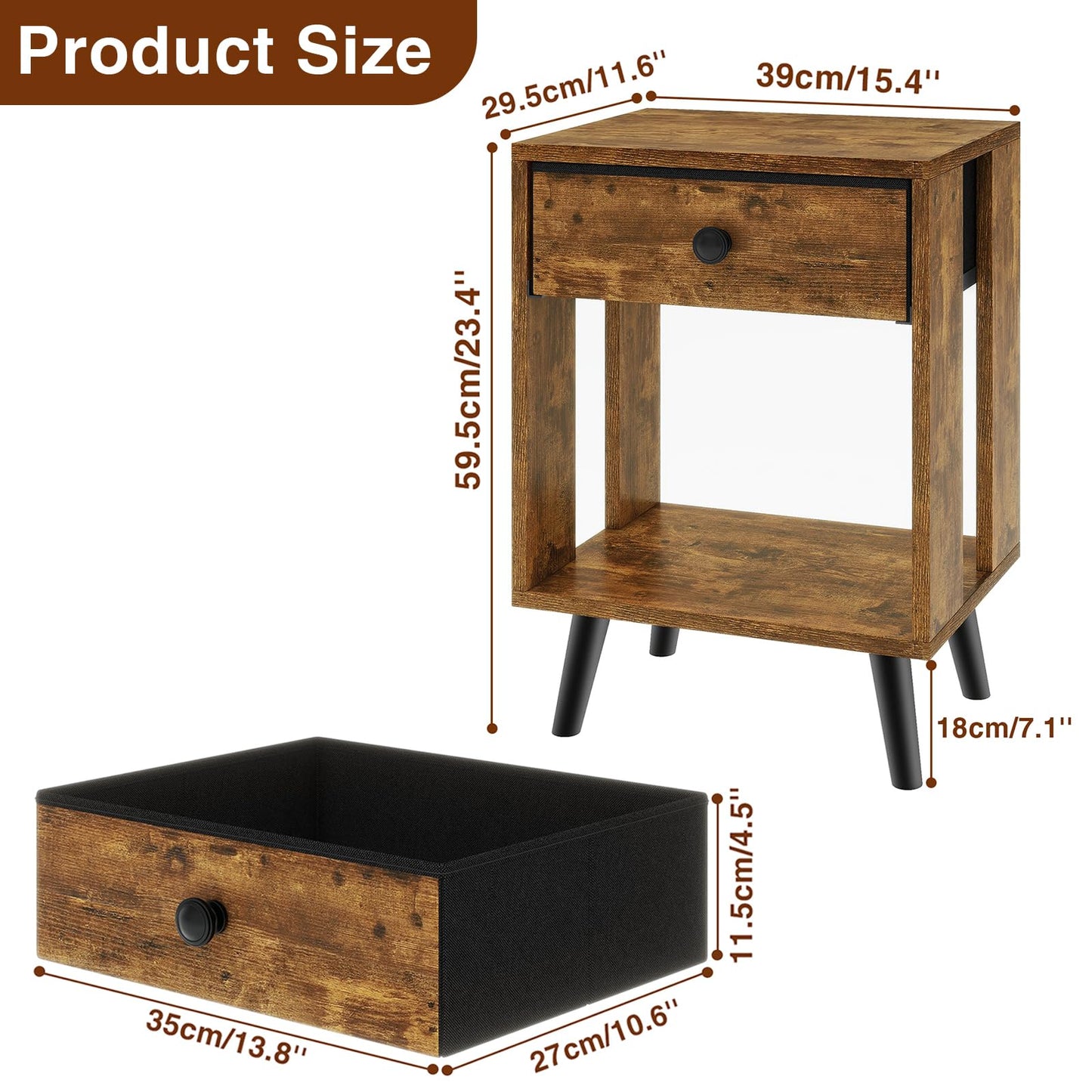 YMYNY Set of 2 Side Tables, Bedside Table, Sofa End Table, with Fabric Drawers and Open Shelf Unit, Solid Wood Legs, Nightstand, for Bedroom