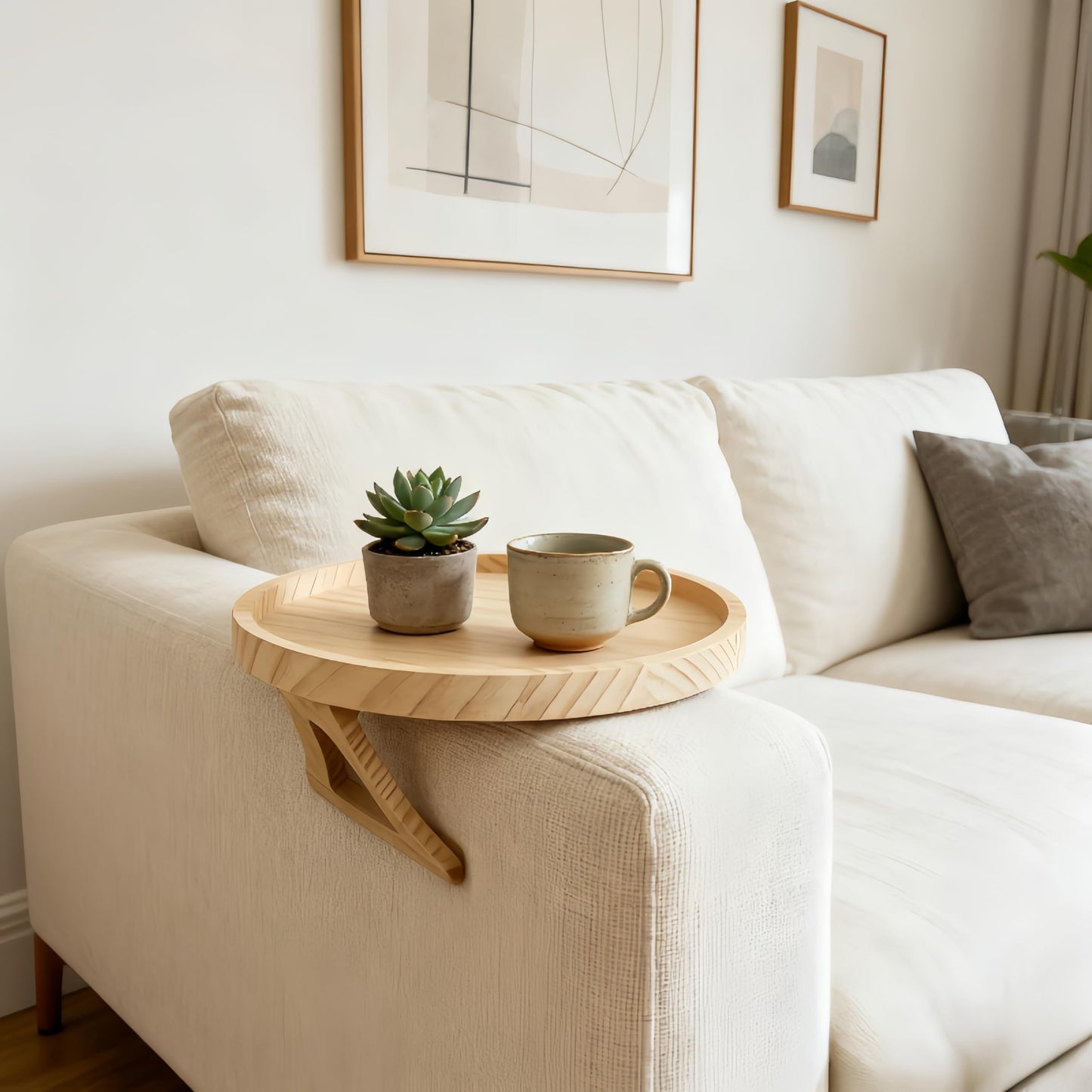 Uwenkjie Natural Pine Sofa Armrest Tray, 25cm Circular Wood Foldable Side Table with Clip, Portable Waterproof Arm Tray for Remote Control, Drink