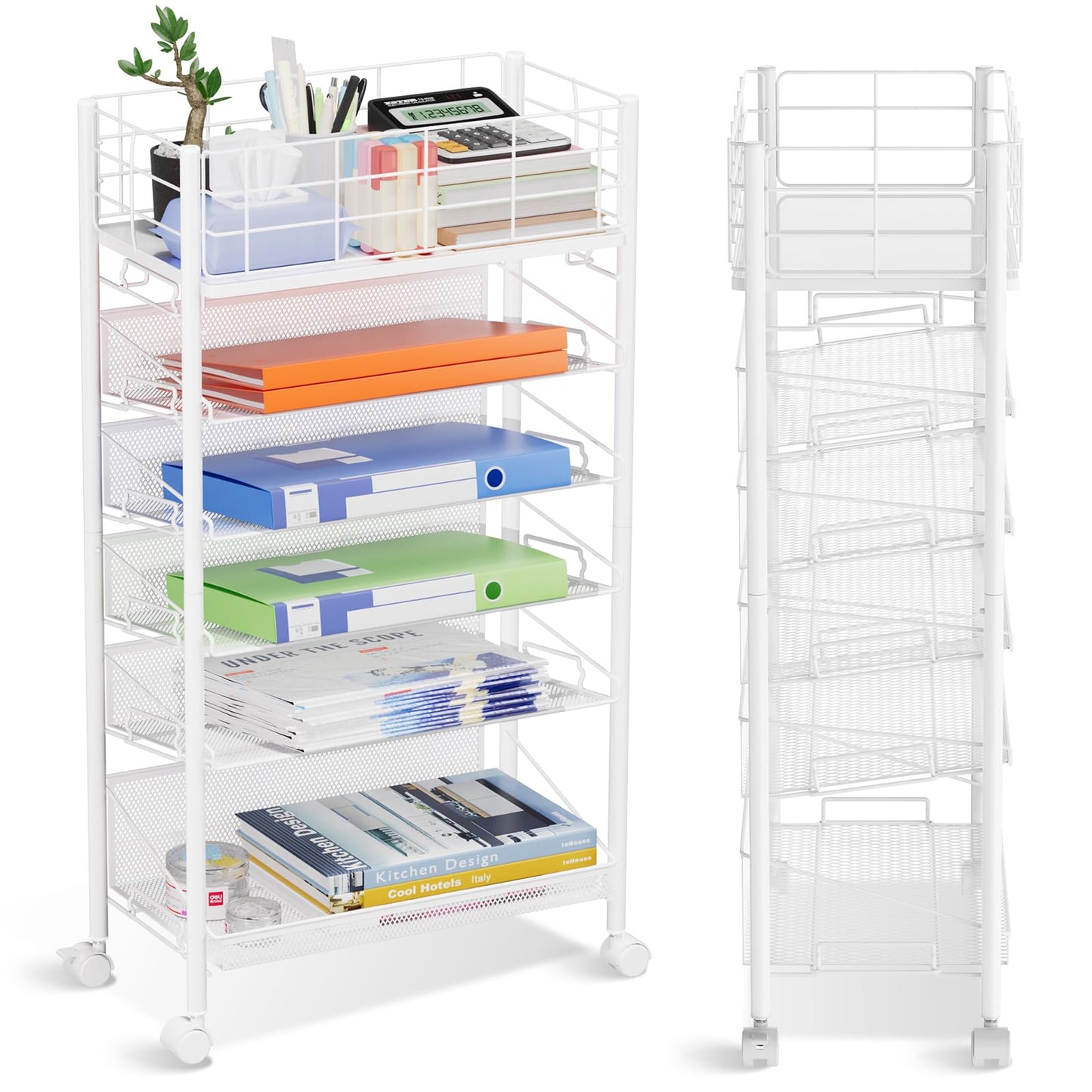 6 Tier Metal Mesh File Trolley with Lockable Wheels, Slim Rolling File Cart Desk Side Organiser