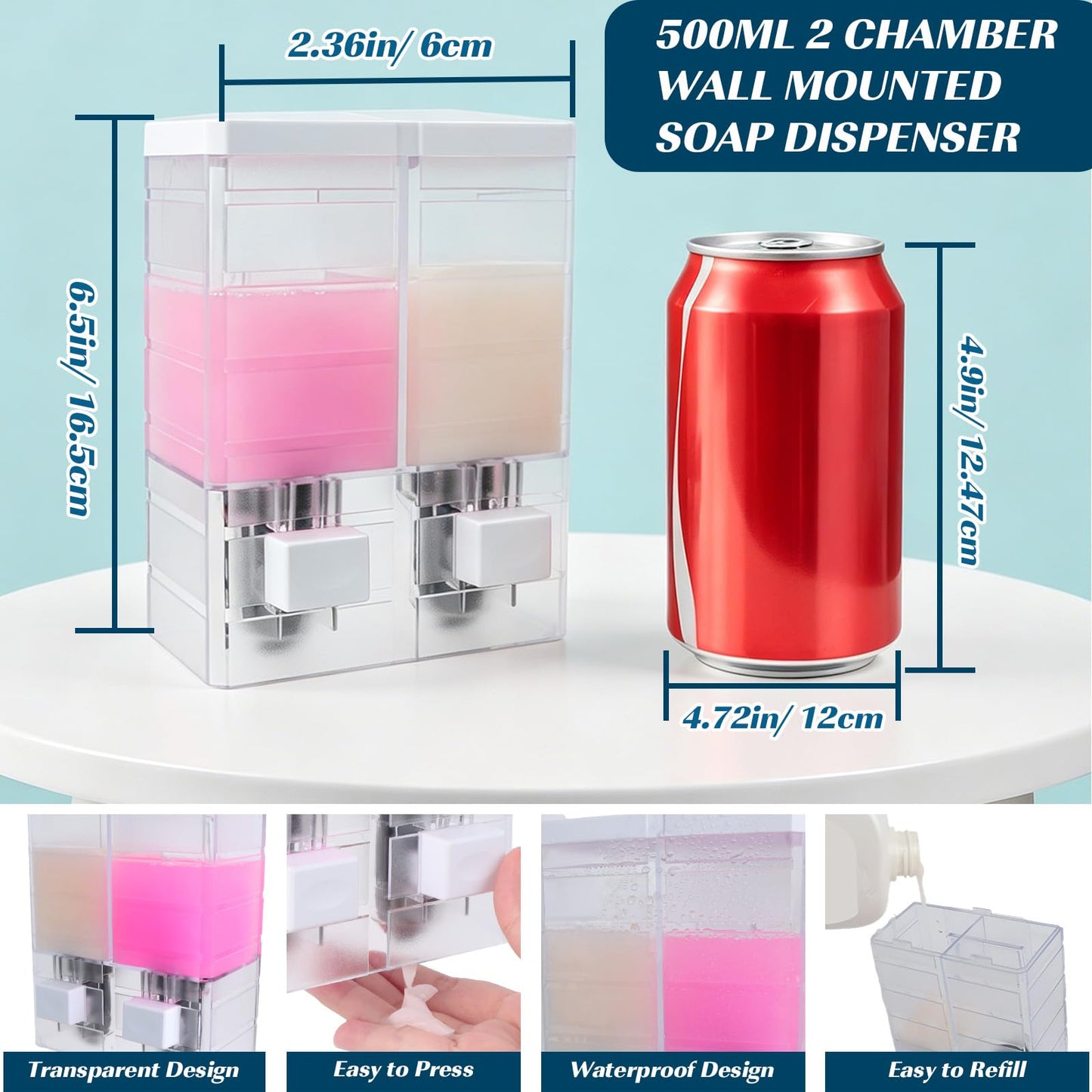 Sueving Soap Dispenser, 2 Chamber Wall Mounted Shampoo and Conditioner Dispenser, 500ML Shower Gel Dispensers for Bathroom, Kitchen (Clear)