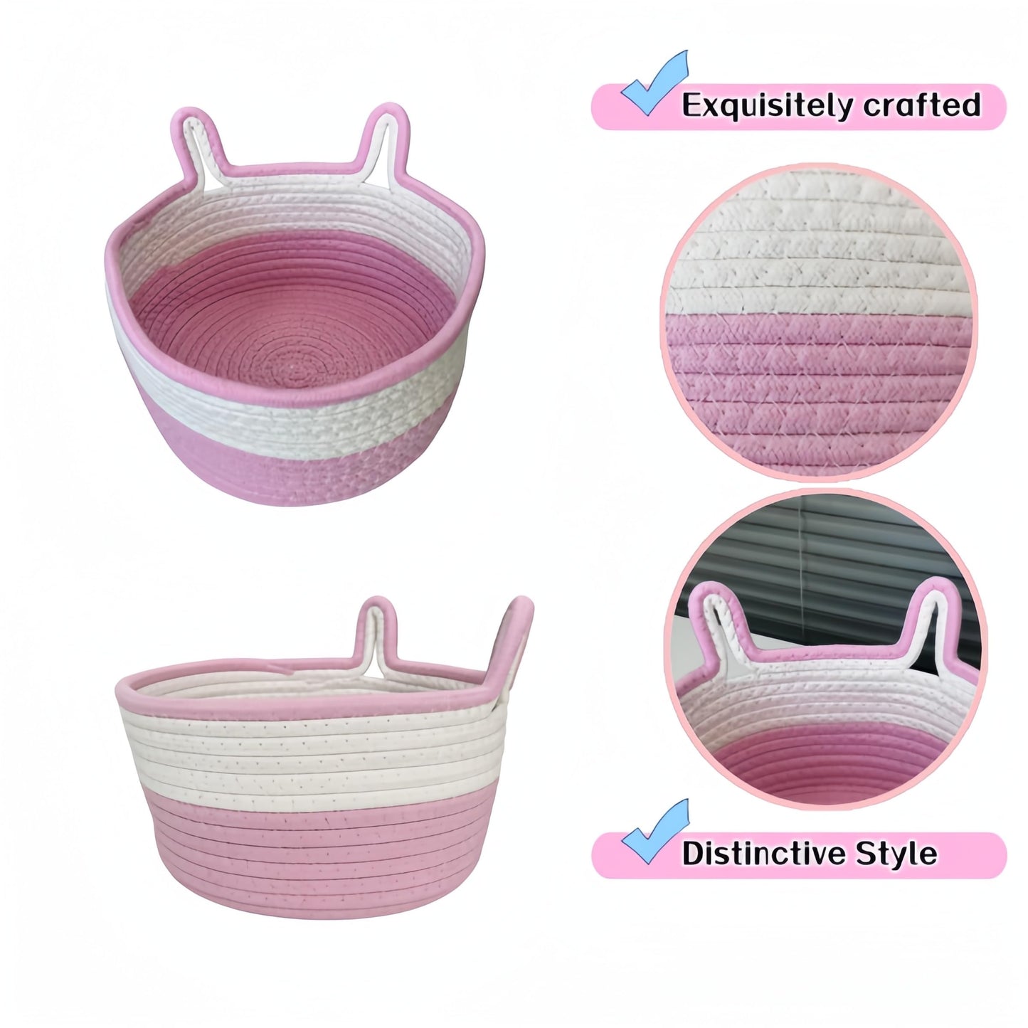 3 Pcs Pink Rabbit Basket,Cotton Rope Woven Empty Gift Hamper Baskets