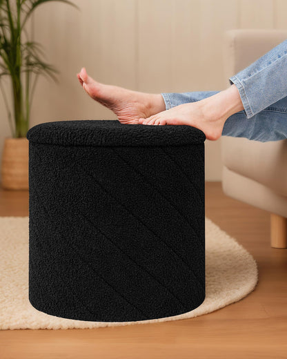 Bonlife Round Ottoman Stool with Storage, Folding Footstool with Lid,Boucle Vanity Stool for Living Room,Bedroom,Entryway,Black,43x43x45cm