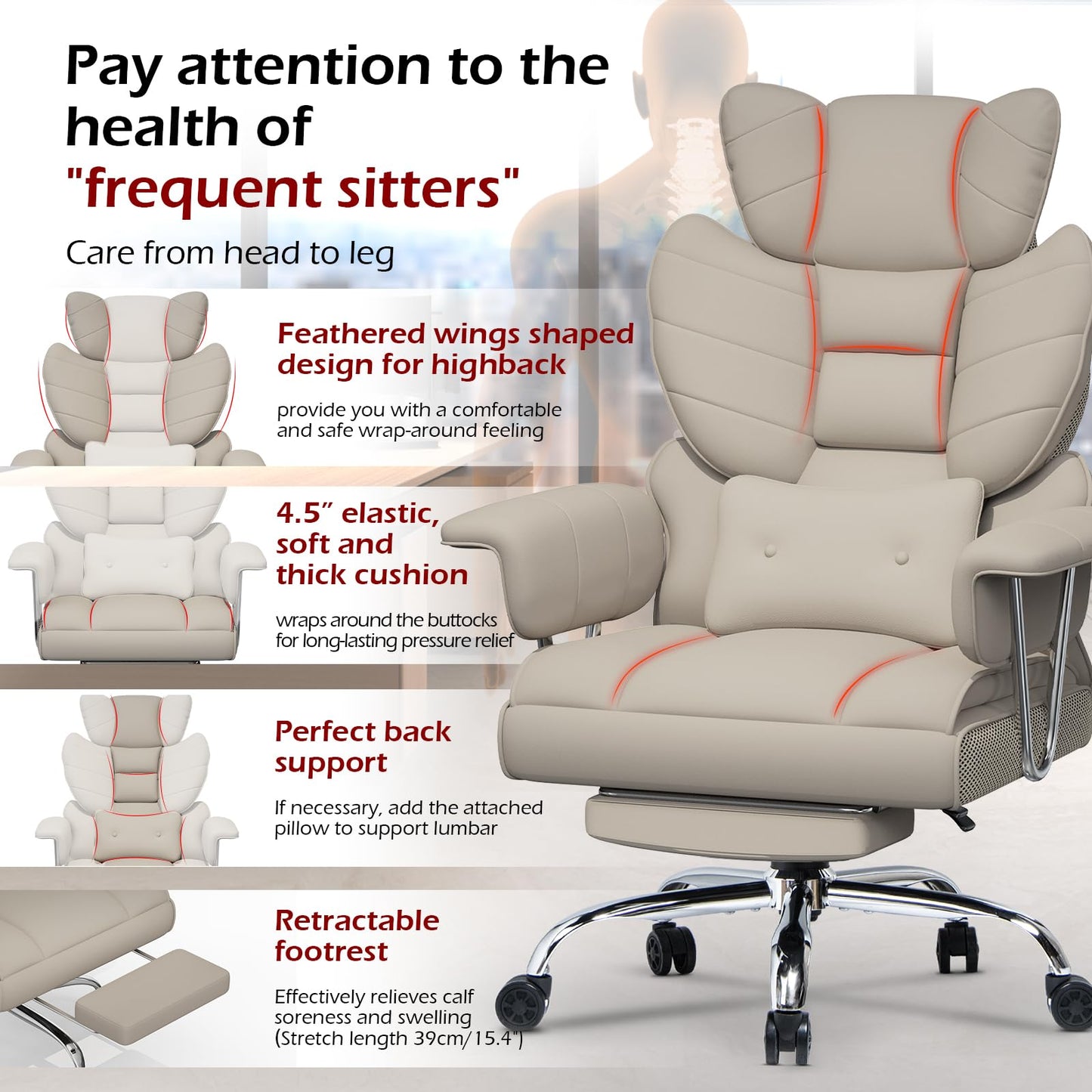 naspaluro High Back PU Leather Ergonomic Computer Recliner, Big Tall Executive Desk Office Chair with Armrests/Footrest