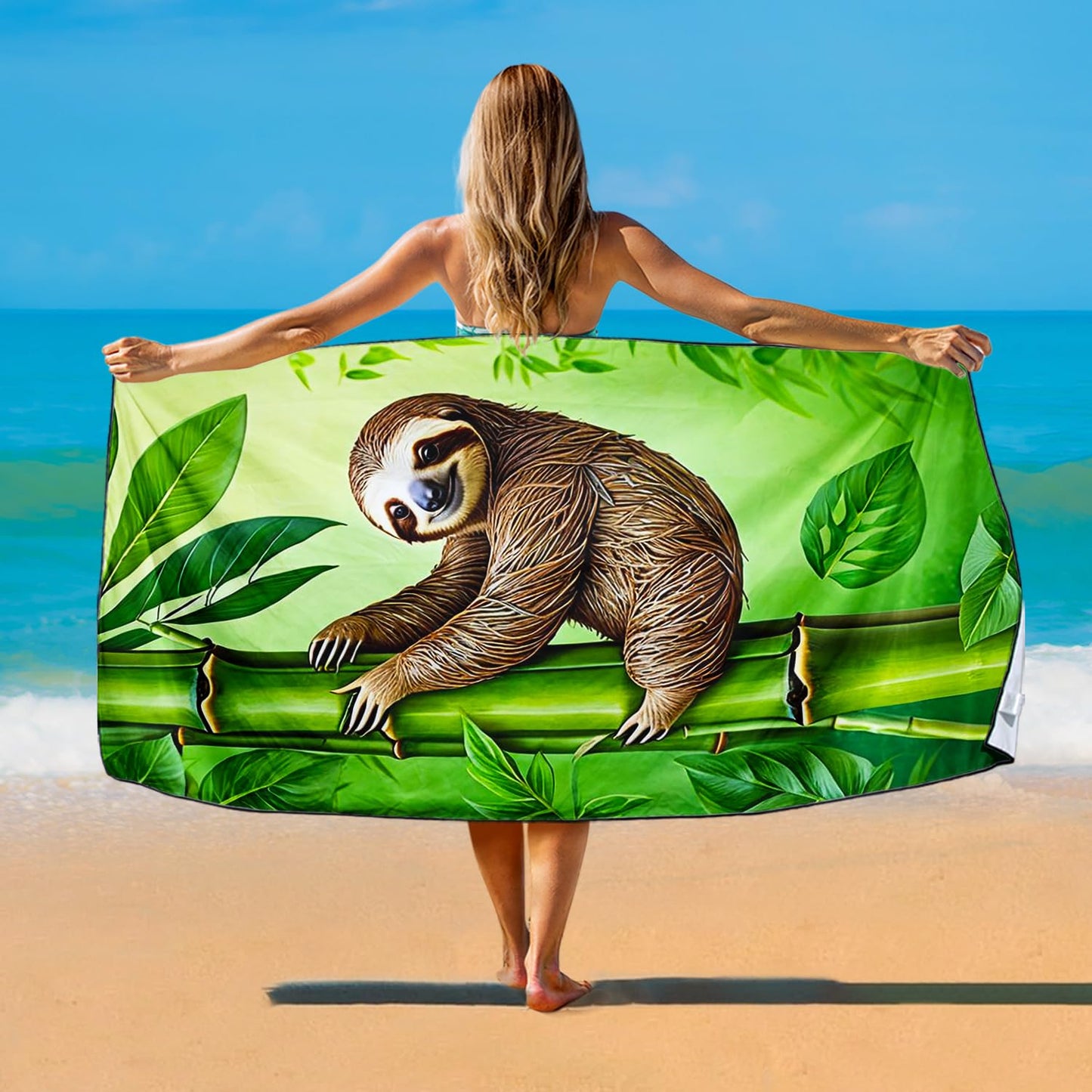 Violetpos Bamboo Climbing Sloth Beach Towel, Extra Large 180x90 cm 250GSM Microfibre, Sand Free Quick Dry