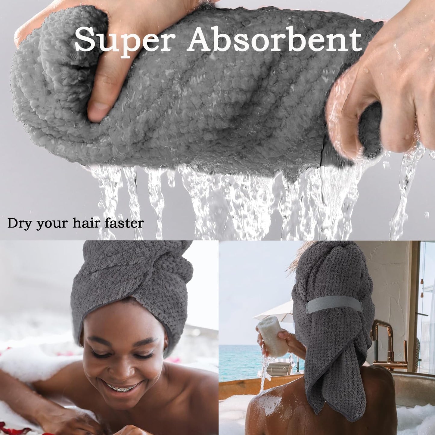 FveVqe Microfibre Hair Towel - Super Absorbent, Elastic Strap for Wet/Curly/Long & Thick Hair (Gray)