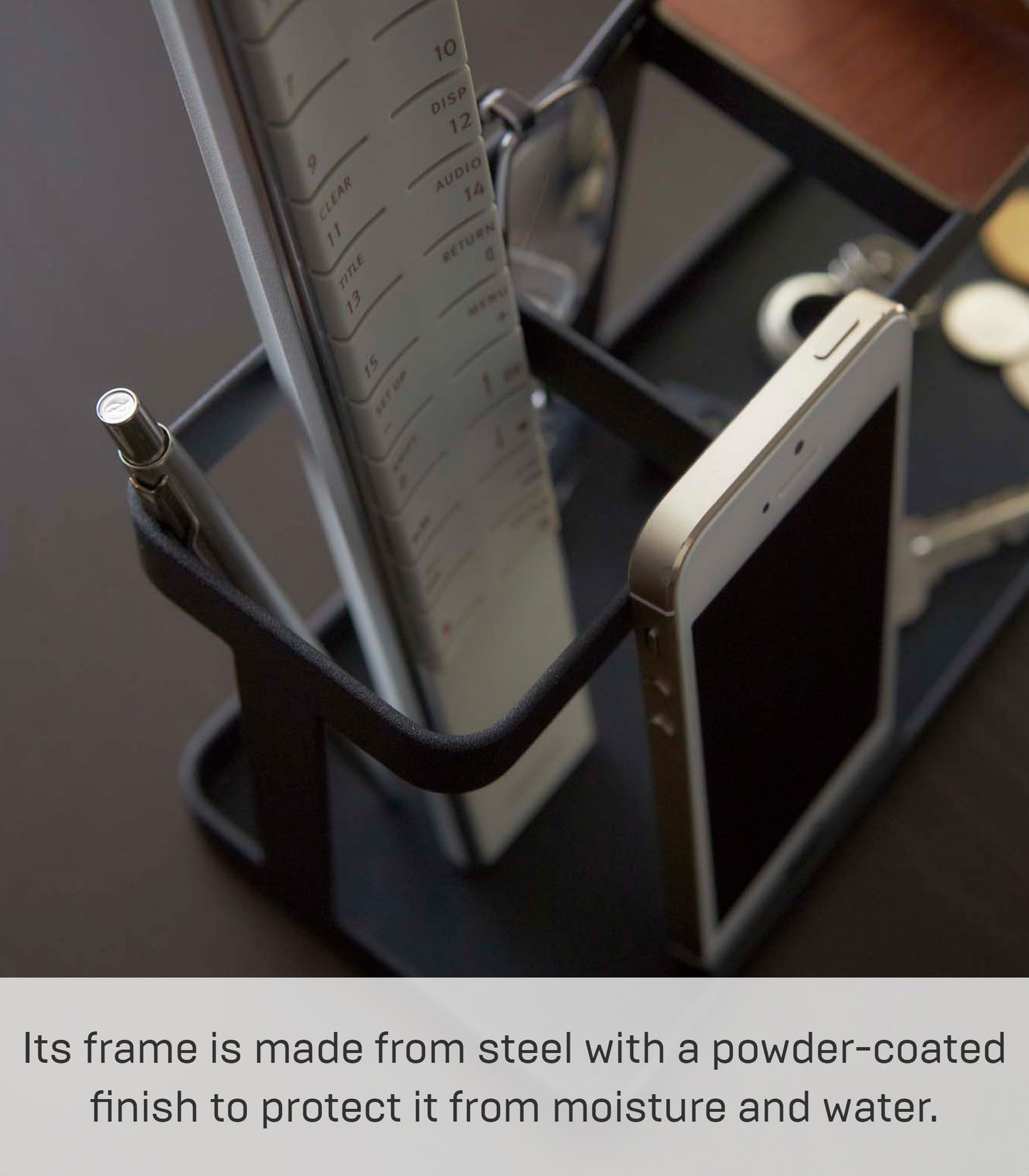 YAMAZAKI 2300 TOWER Desk Organizer, Black, Steel/Wood, Minimalist Design, 24.5 x 9.7 x 11.3 cm (LxWxH)