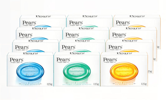Pears Soap Bars Variety Multipack, Natural Oils (4) + Mint Extracts (4) + Lemon Flower Extracts (4), 125g Each, Pack of 12