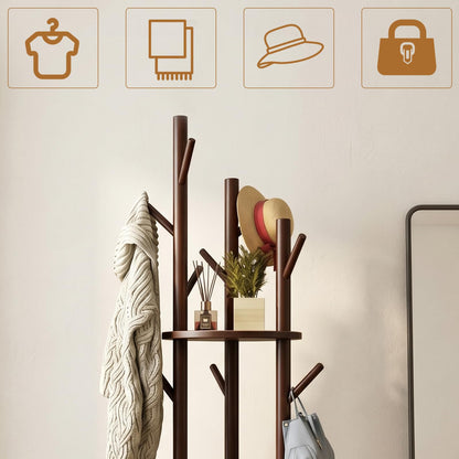 SHEBUYLLI Wooden Coat Stand, Rotatable Free Standing Coat Rack with Hooks