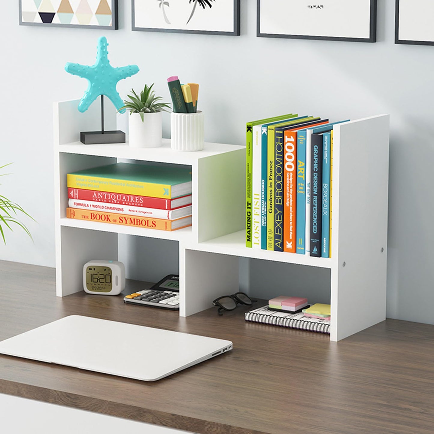 Dyserbuy Desk Shelf, Adjustable Desktop Bookshelf, Small Book Shelf, Desk Book Storage, Wooden Desktop Organiser for Office, Home, Study, White