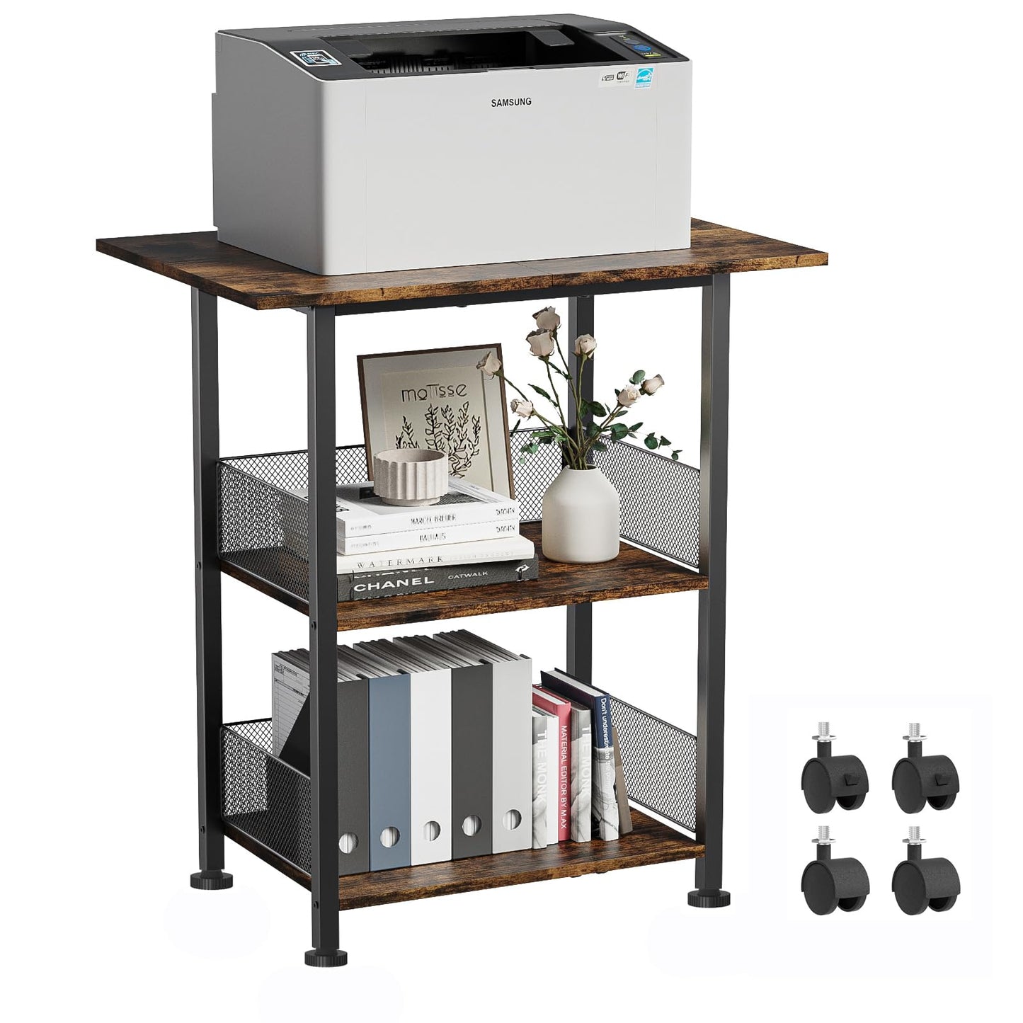 BOHDK Printer Stand, 3-Tier Industrial Large Printer Table with Shelf, 23"x15" Mobile Heavy Duty Storage Rack on Wheels for Home Office Printer Fax