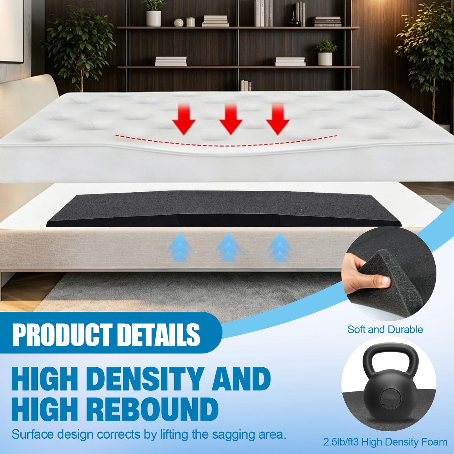 Scettar Sagging Mattress Support Fix Sinking Beds, 120 x 60 x 5 cm Under Mattress Support High Density Foam Insert Pad for Sagging Bed Repair