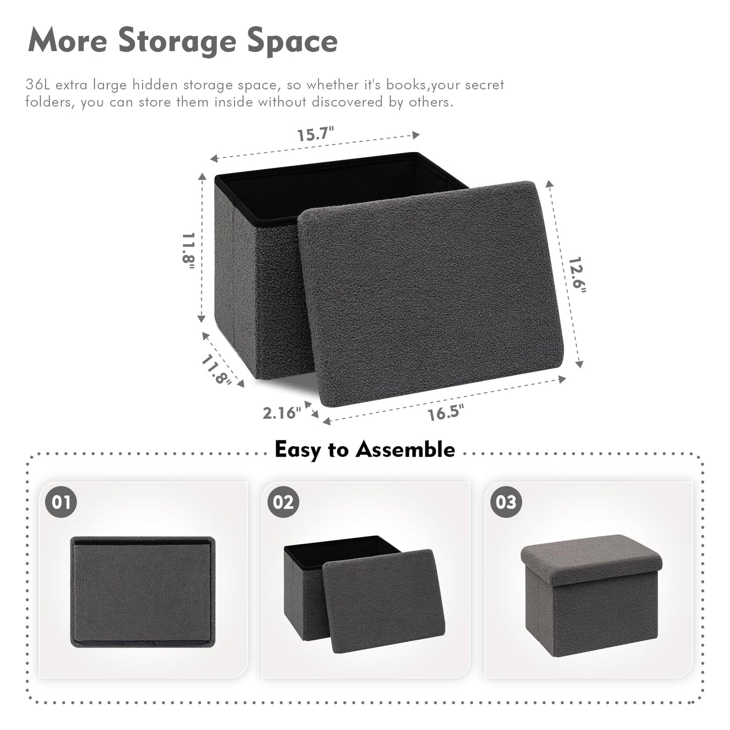 Bonlife Ottoman Seat with Storage,Folding Small Footstool for Living Room,Cube Toy Chest Box,Foot Rest,Sherpa Fabric,Grey,42x32x32cm