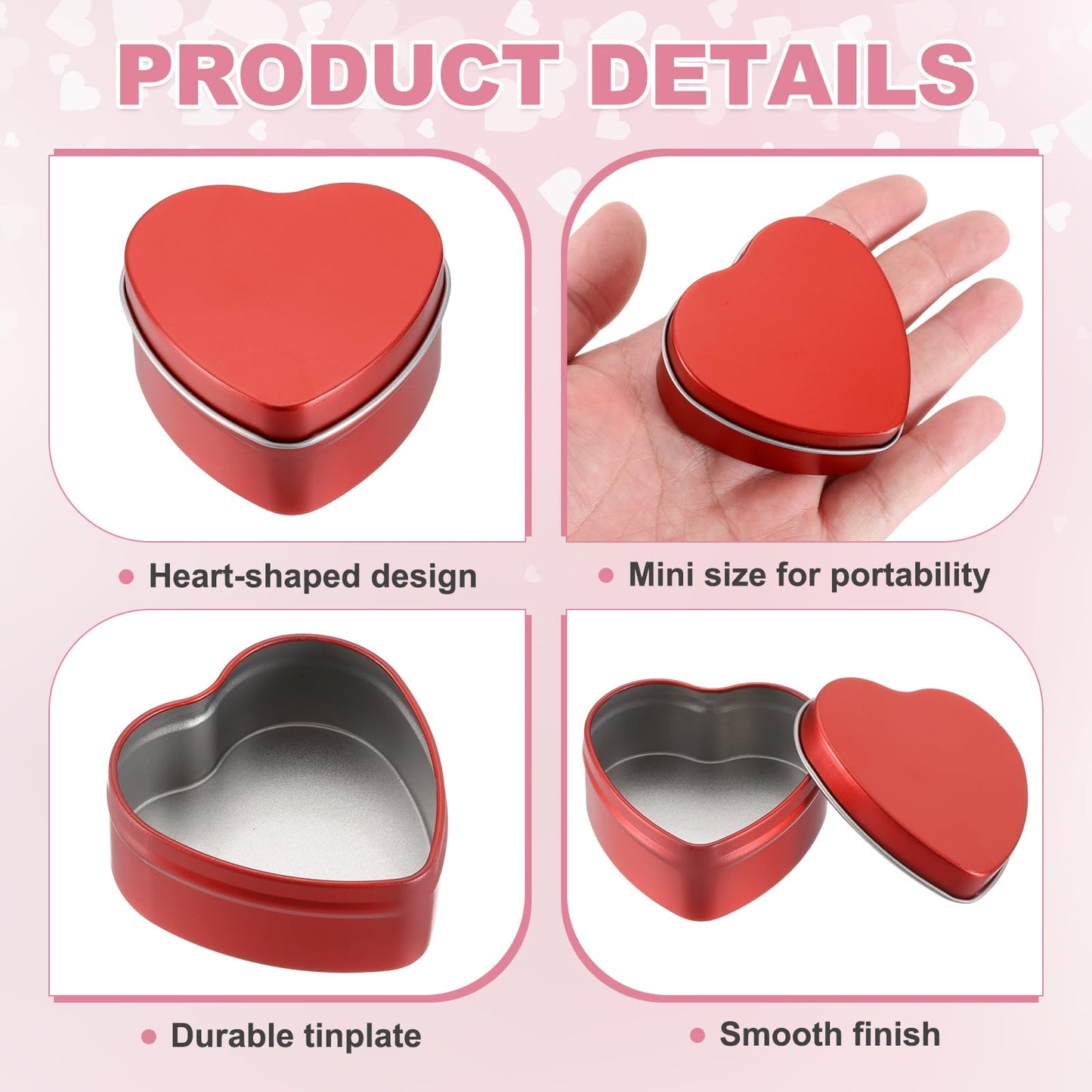 sourcing map 4Pack Metal Tin Box, 2.4x2.3x1.1 Heart Empty Tinplate Containers with Lids