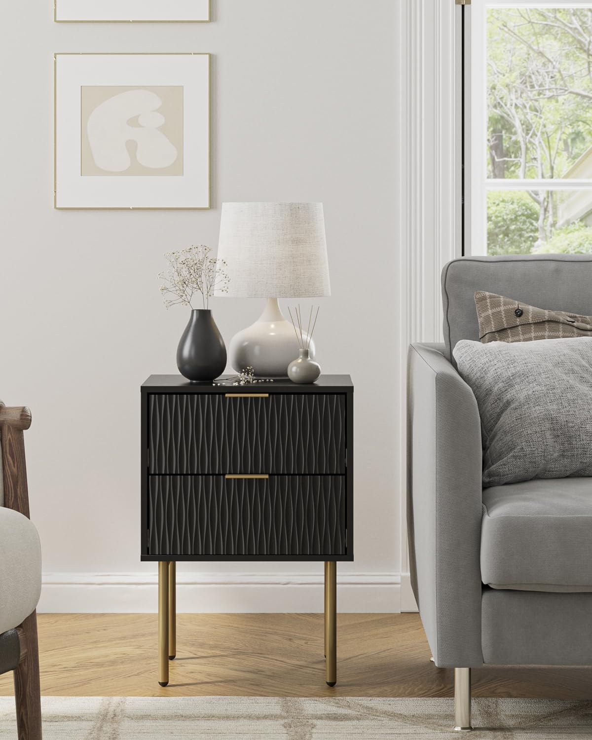 Apetaccat Bedside Table, Fluted Nightstand with 2 Drawers, Modern Bedside Cabniet Wooden, Side Table for Bedroom, Living Room, Black